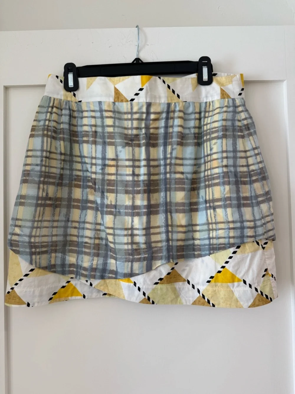 Suno Plaid Mini Skirt with Geometric Trim - Yellow & Gray Sz L